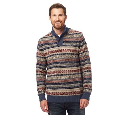 Big and tall multi-coloured patterned button neck knitted jumper with wool
